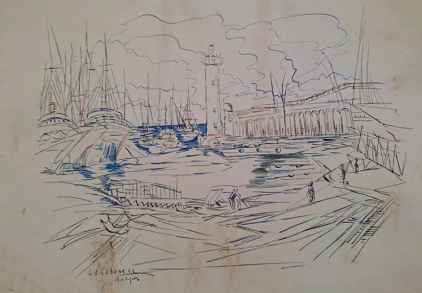 Painting Watercolour Landscape Marin Boat » Antibes Au Lighthouse » Signed