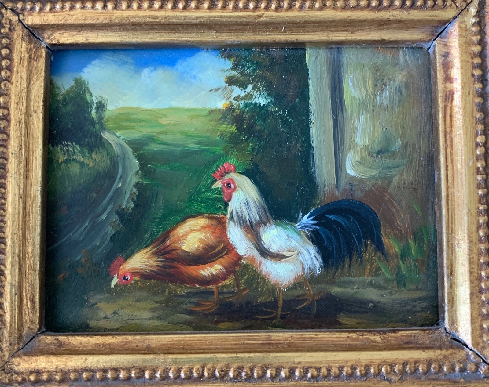Vint Miniature Original Rooster & Hen Oil Painting Baroque Gold Frame
