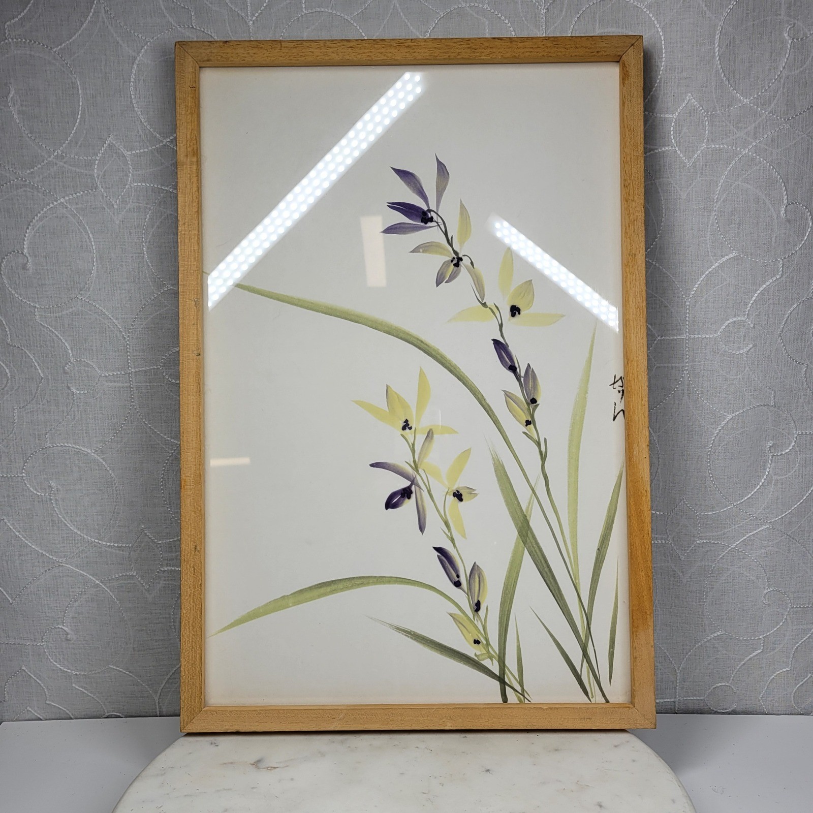 VTG Japanese Orchid Floral Watercolor Painting 18″ Frame Wall Art Japandi Signed