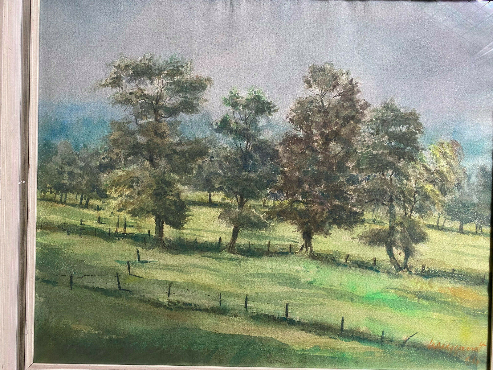 Illegibly Signed Trees on the Meadow Watercolor 1964 Spring Pasture