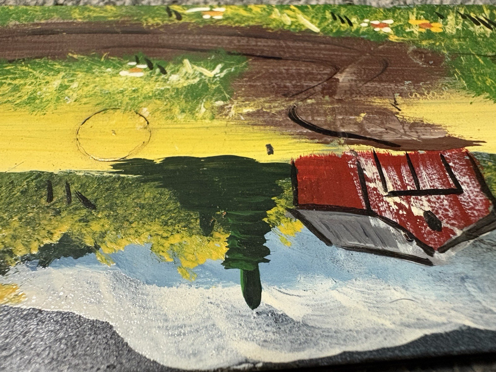 Painted Chainsaw Bar – Church/Covered Bridge/Water Mill Scene Folk Art 22-1/2″
