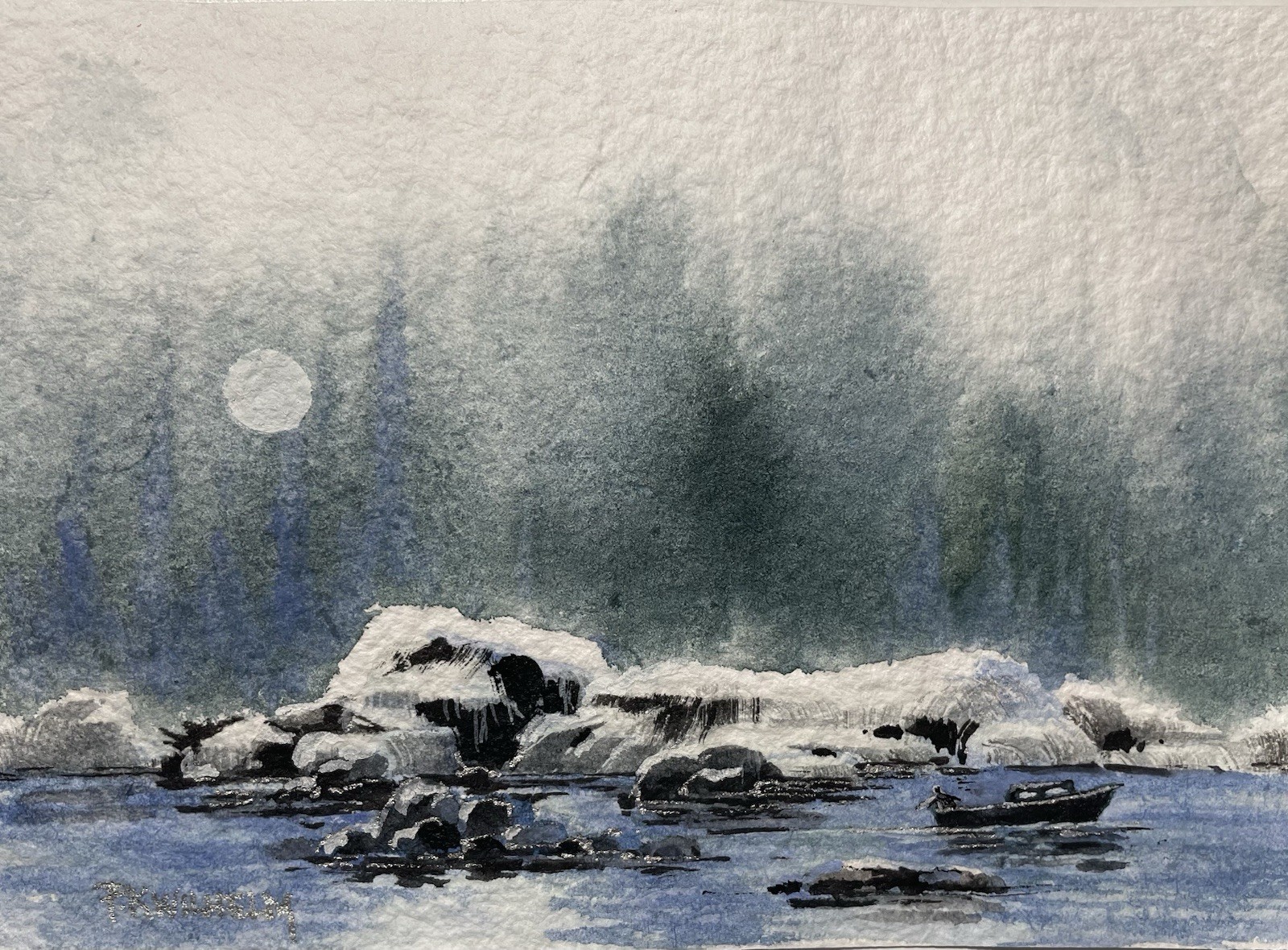 5×7 Pamela Wilhelm Original Watercolor Memory Alaska Fishing Boat Inland Passage