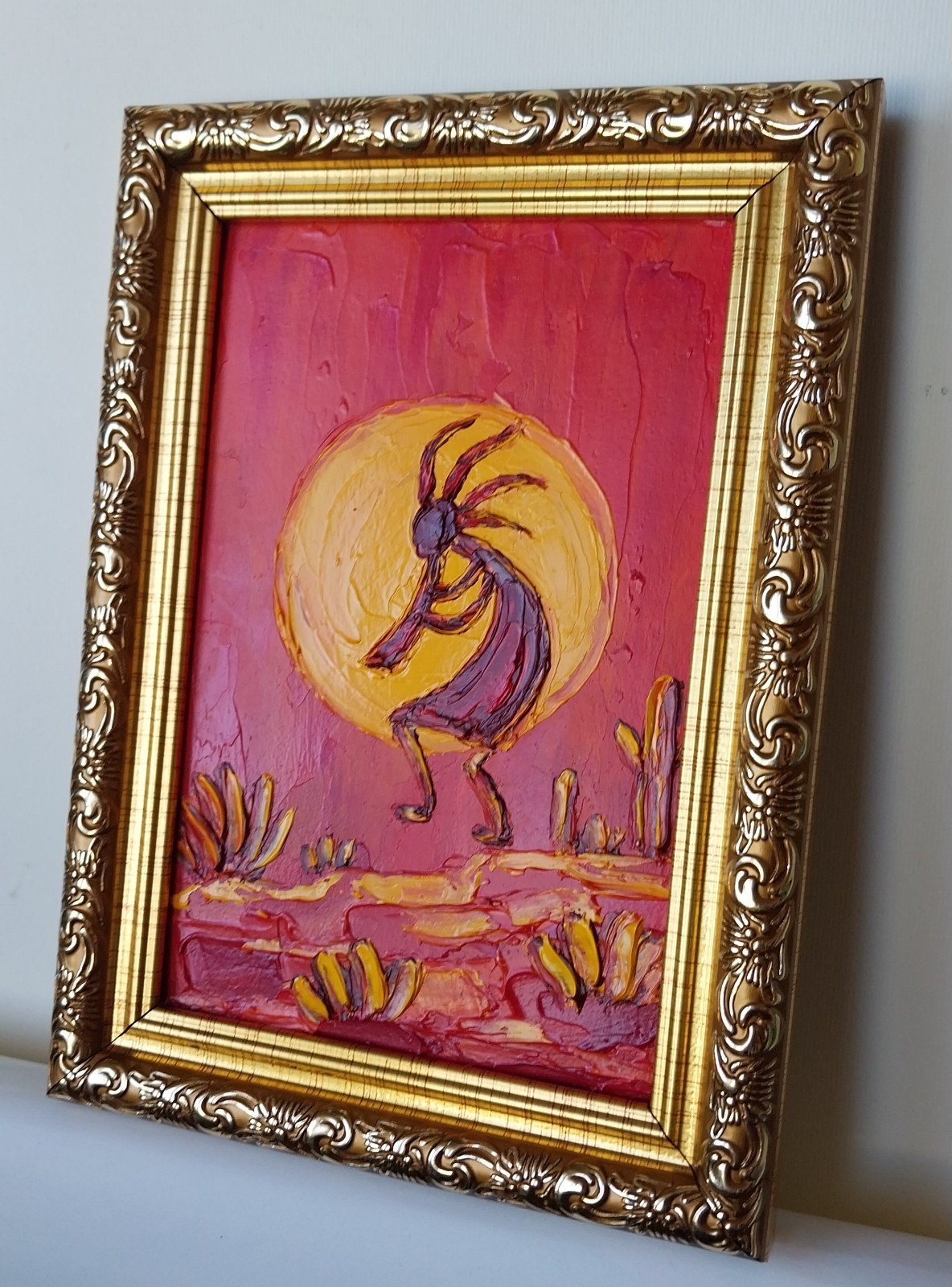 Framed Kokopelli Art Native American Southwest Art 4×6 in Original Oil Painting