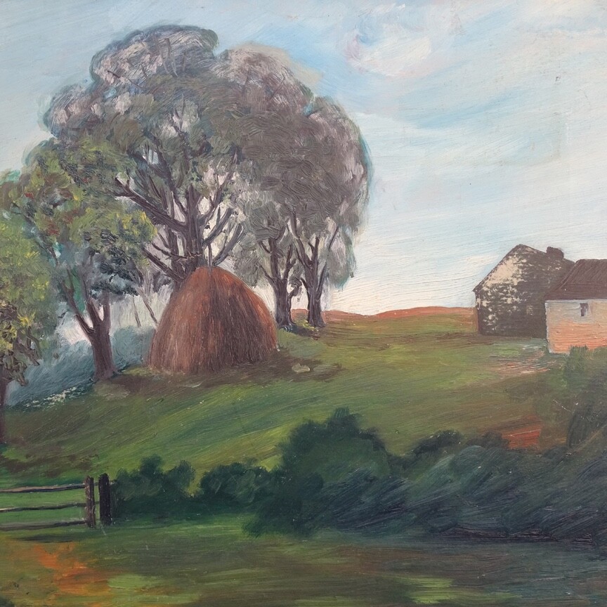 1921 Naive Folk Art Summer Landscape Oil Painting Signed R.C.Ingraham O/B 13×12