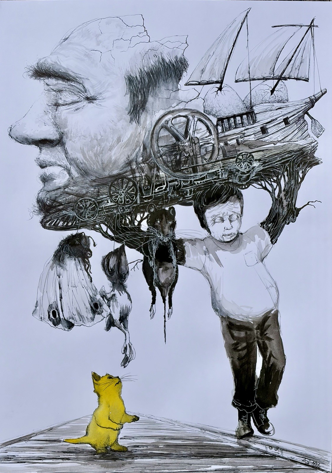 Ink On Cardboard SKETCH ALAIN DONATE cuban Artist 16″x 23″ORIGINAL SURREAL ART