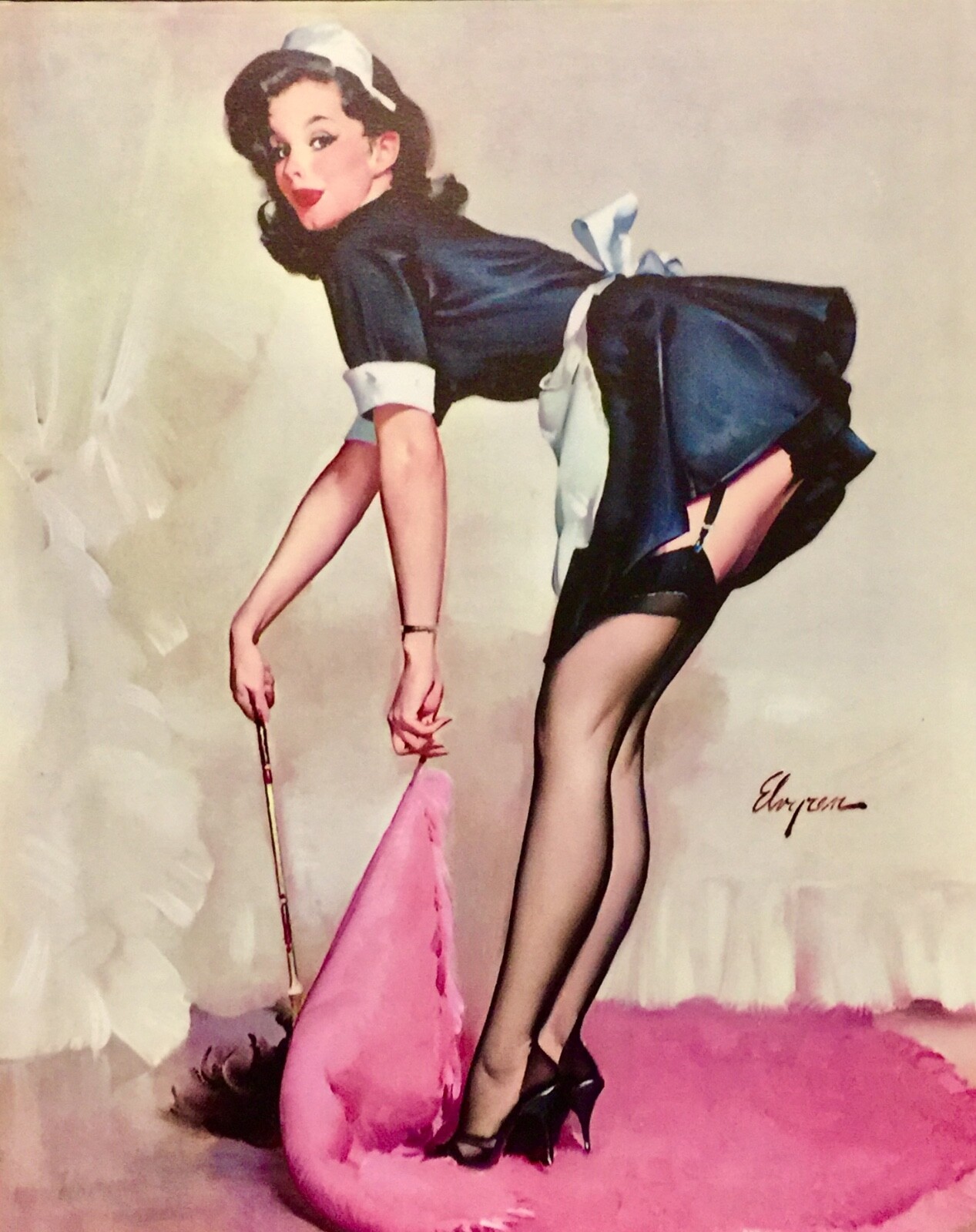 DORIS DAY Pinup Elvgren Original Painting UPSKIRT Pin-Up Stockings AIRPORT 1 of2