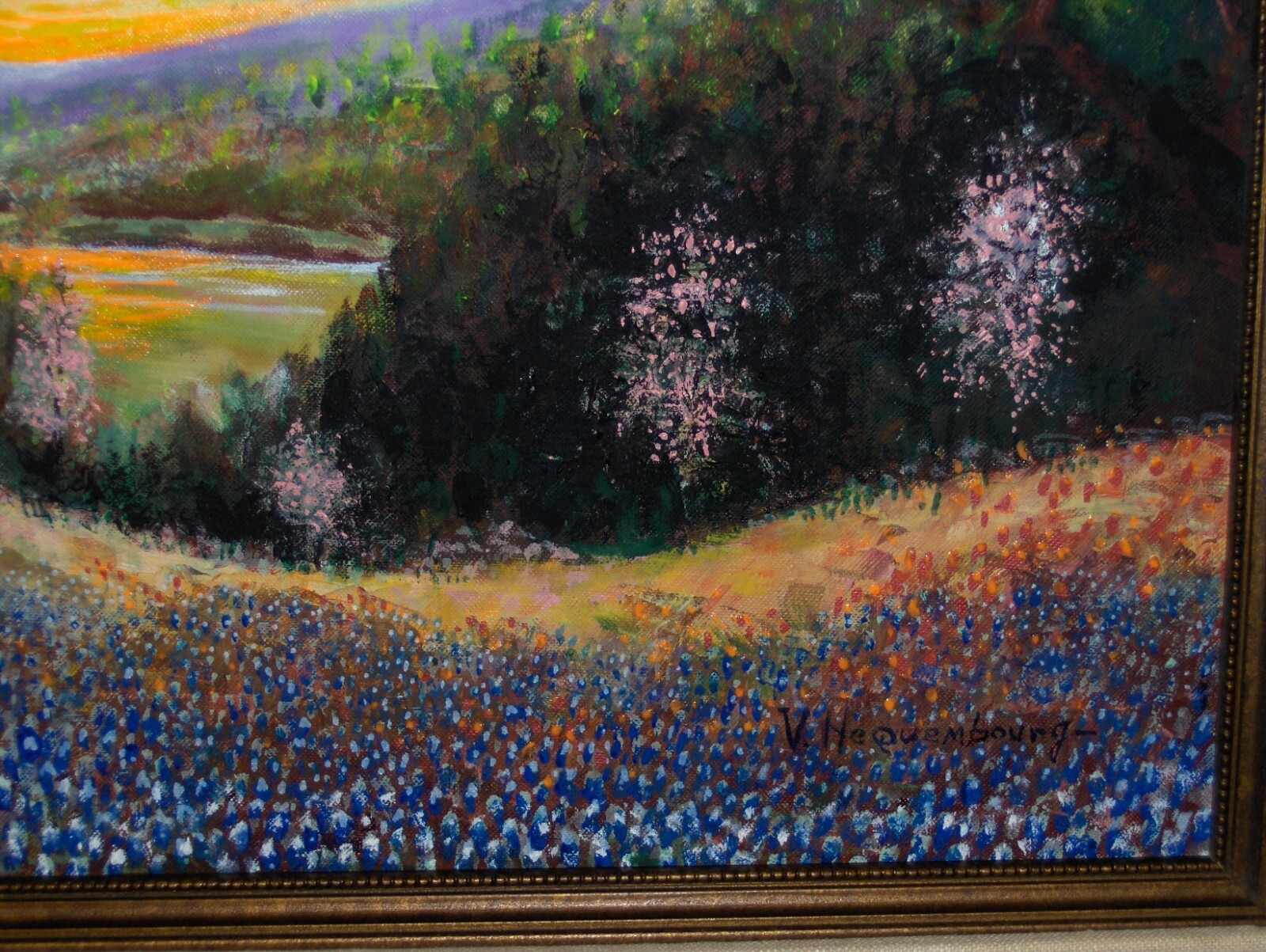 LARGE ORIGINAL Bluebonnet Landscape Lake Creek Blooming Tree Vintag Cnv Painting
