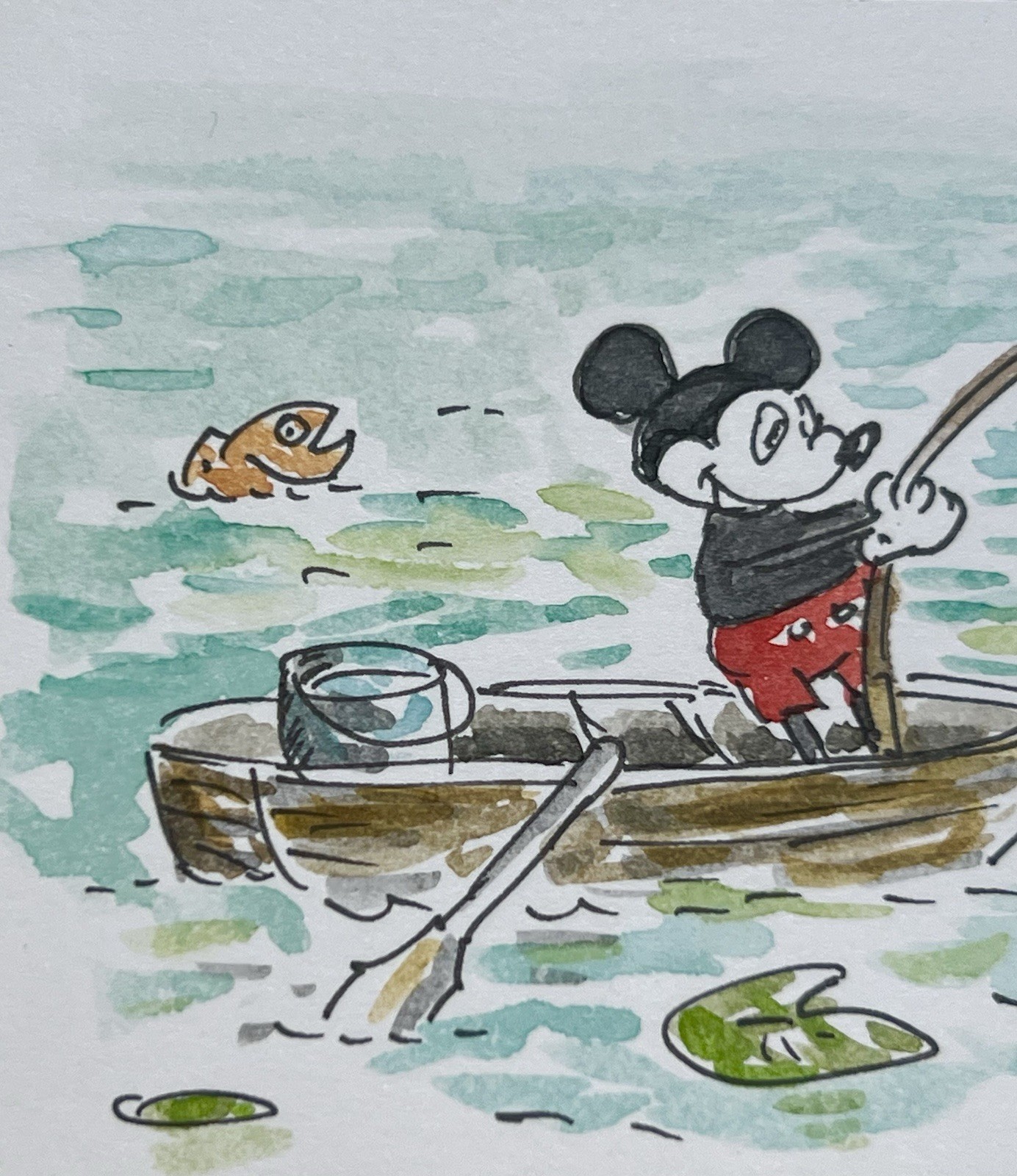 Original ACEO Vintage Mickey Mouse Fishing Mixed Media Monika Chovan OOAK
