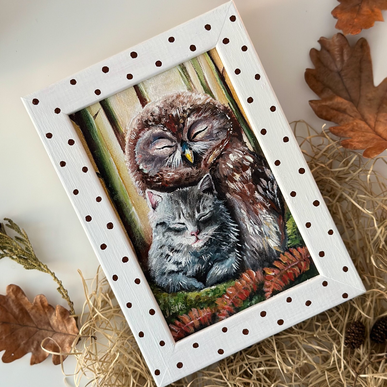 Owl and kitten framed mini painting, Animal lovers gift, Cute nursery room decor