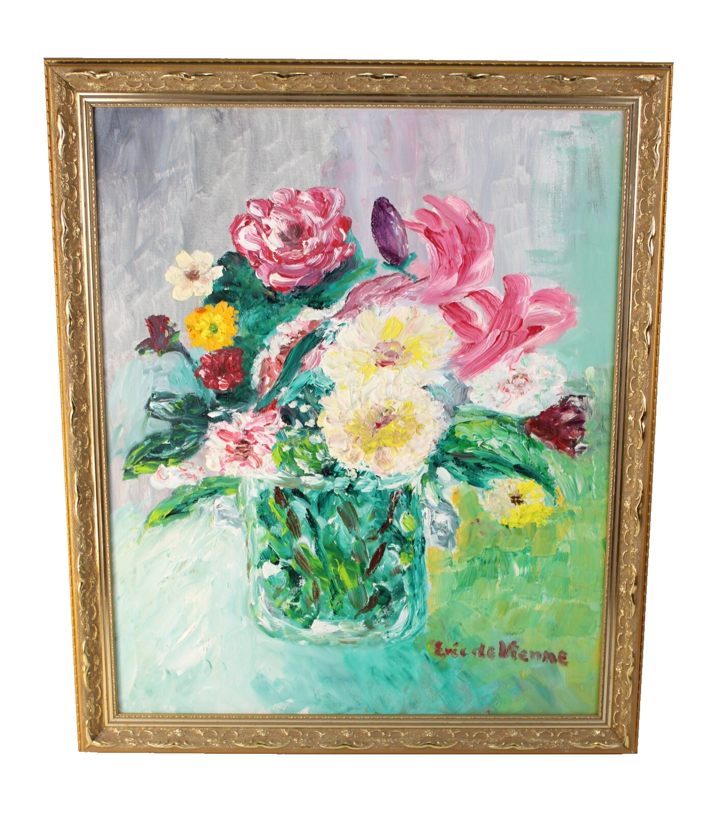 Colorful Floral Bouquet Still Life Vintage Oil Painting Signed Eric de Vienne