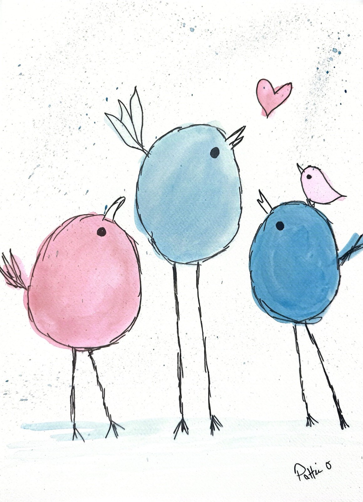 Birds Whimsical Watercolor Fine Art 15X11 Gallery Paper Signed Blue Pink Decor