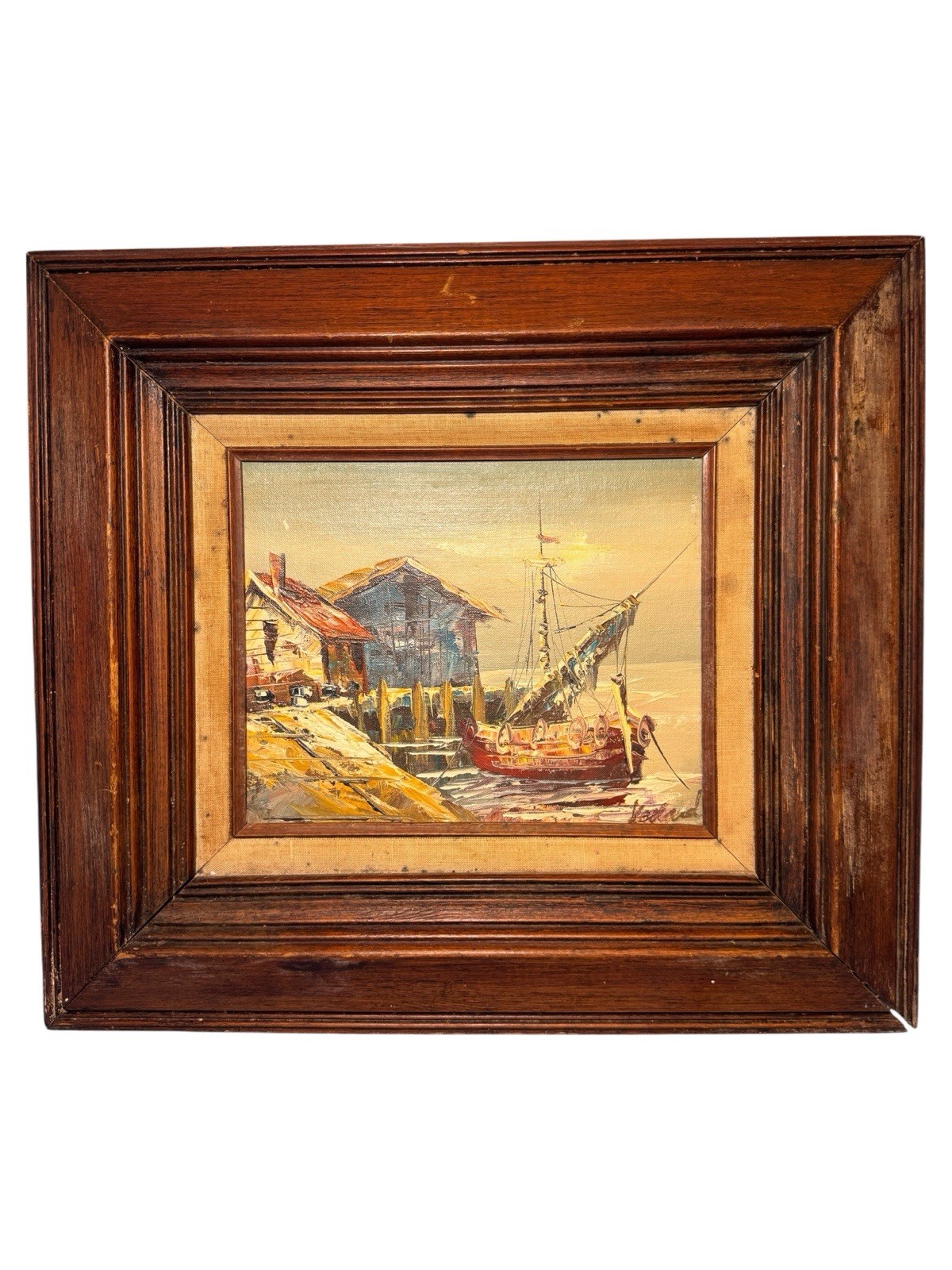 1960s Impasto Oil Painting Nautical Fishing Boat Harbor Dock Signed 18 X 16”