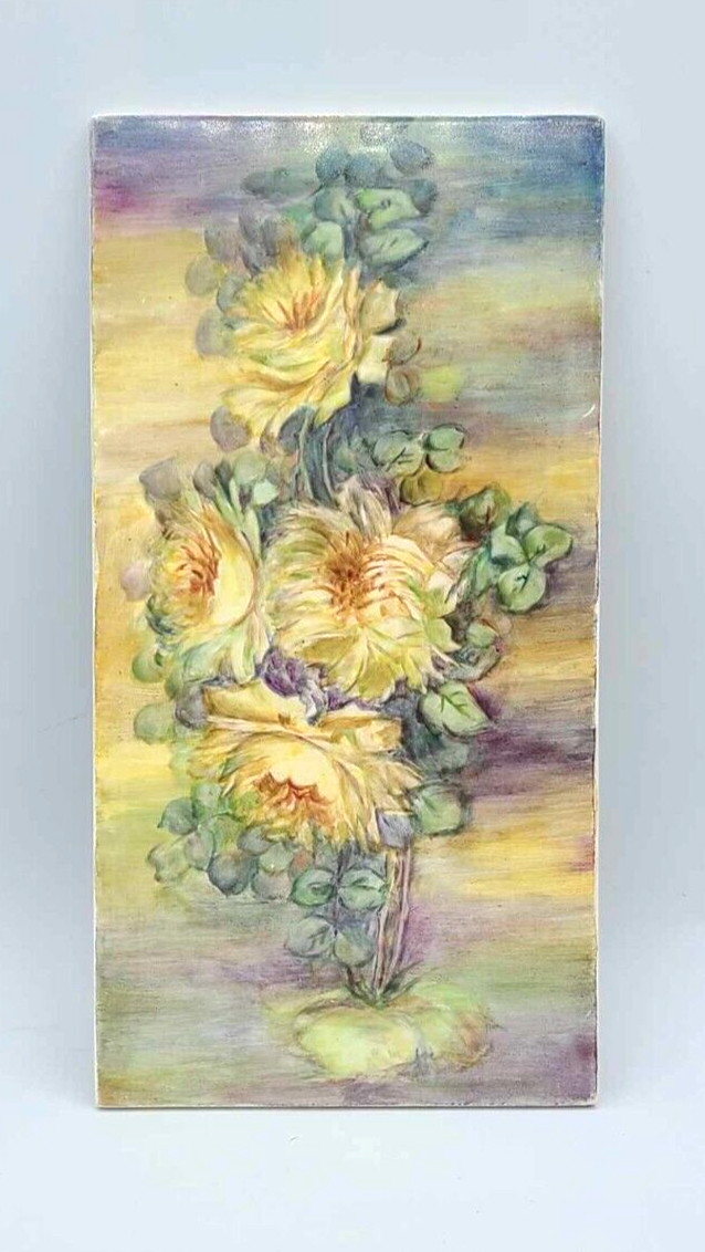Vtg Floral Painting on Porcelain Tile Chrysanthemums. Artist Signed ~9″ x 4.75″.