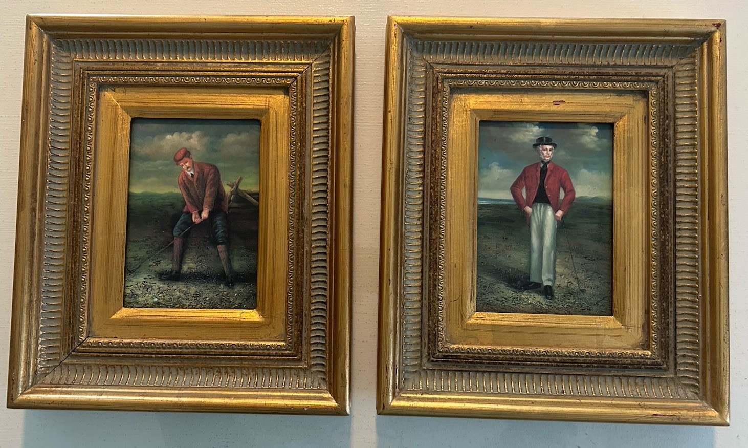 2 VTG Oil Paintings On Panel In Ornate Gold Frames Victorian Golfers Golf Signed
