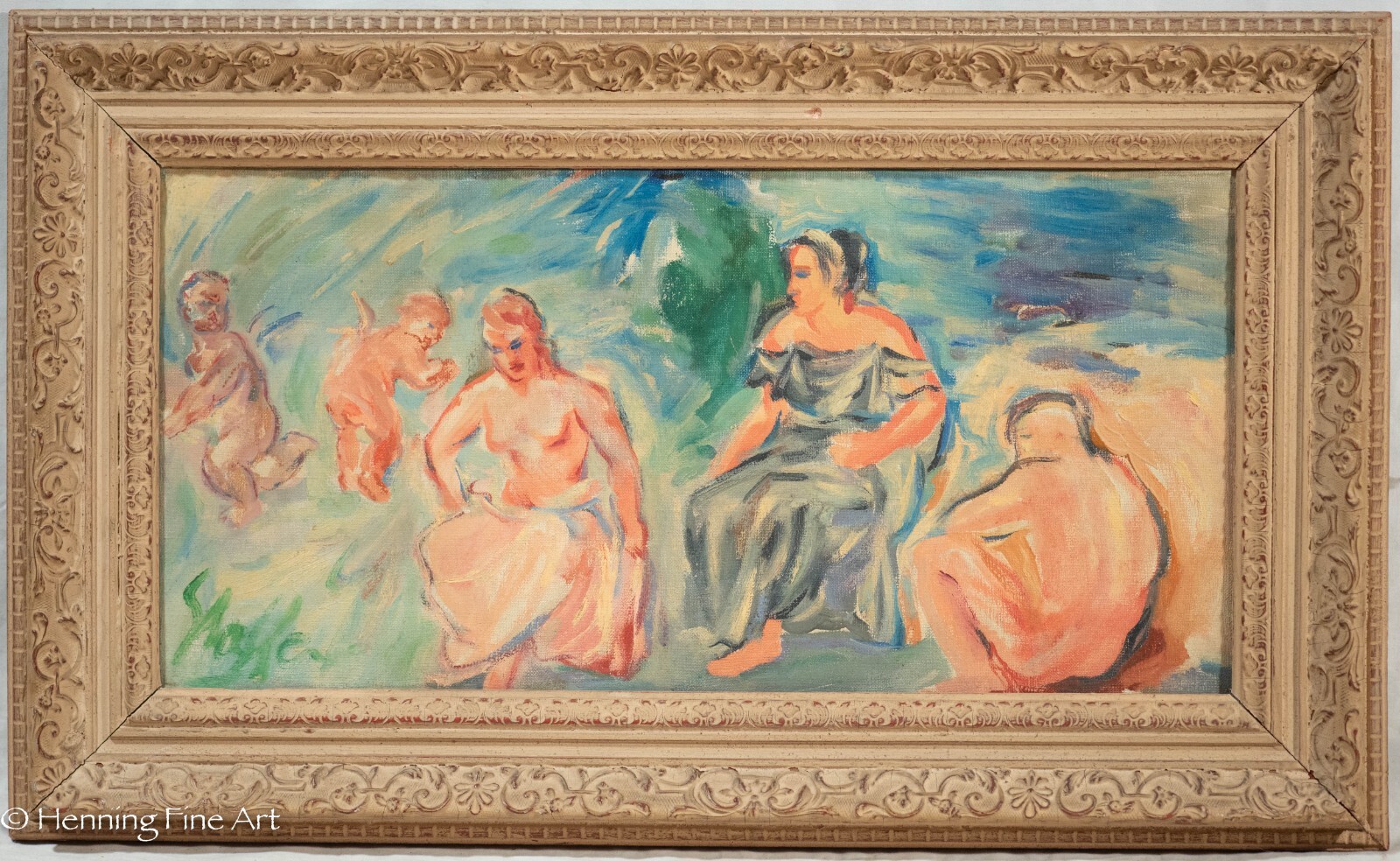 Beautiful Antique Carl Shaffer Impressionist Oil Painting Figures and Cherubs
