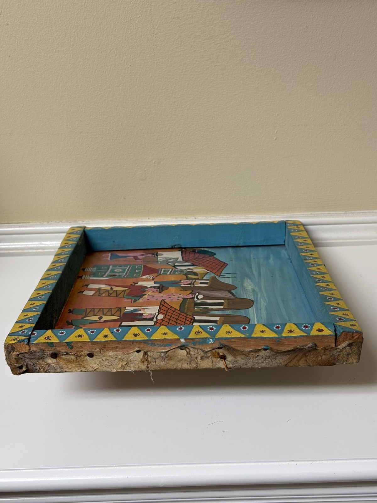 Vtg Hand Painted Peruvian Folk Art On Animal Hide Signed & Framed Original