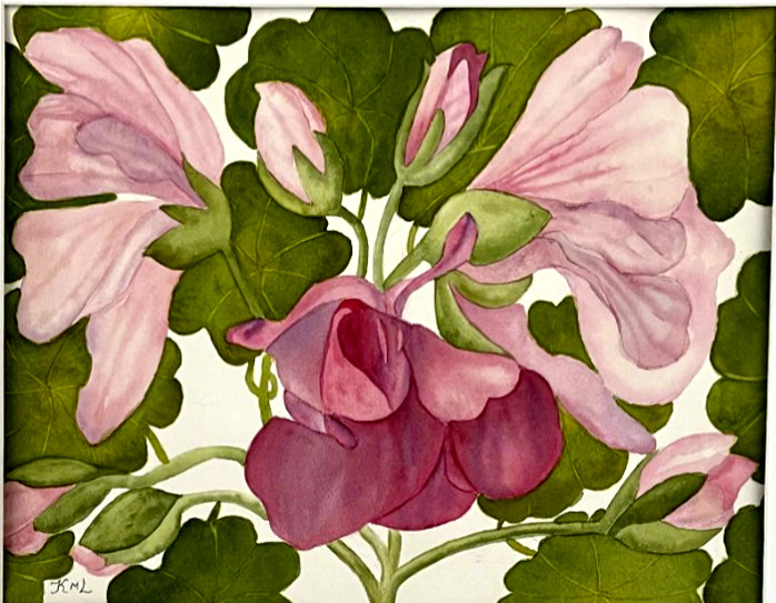 PAINTING WATERCOLOR GERANIUM FLOWER PINK PURPLE 11X14 AND WHITE DOUBLE MAT 16X20
