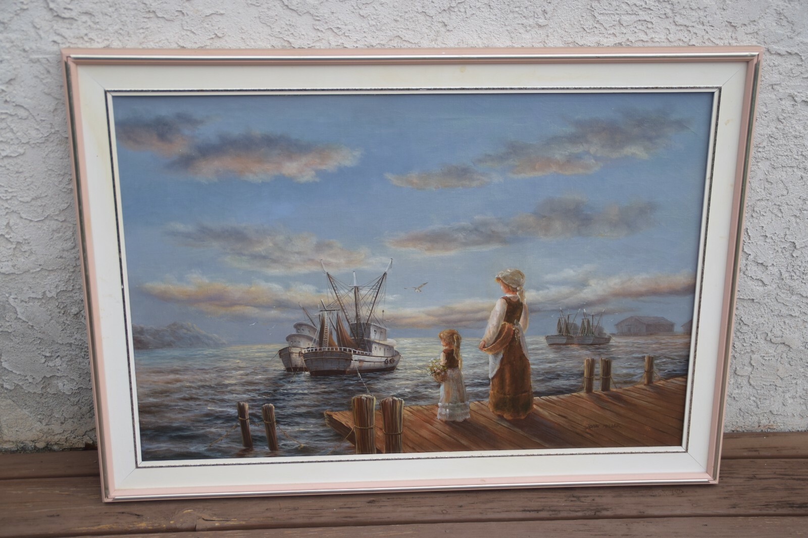 Oil on Canvas Woman&Girl on Pier By Harbor Painting Signed John Miller