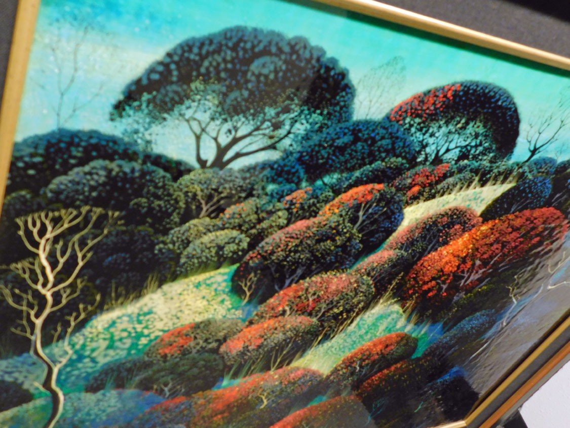 Eyvind Earle «Holly Covered Hills» Hand Signed Original Oil on Panel framed