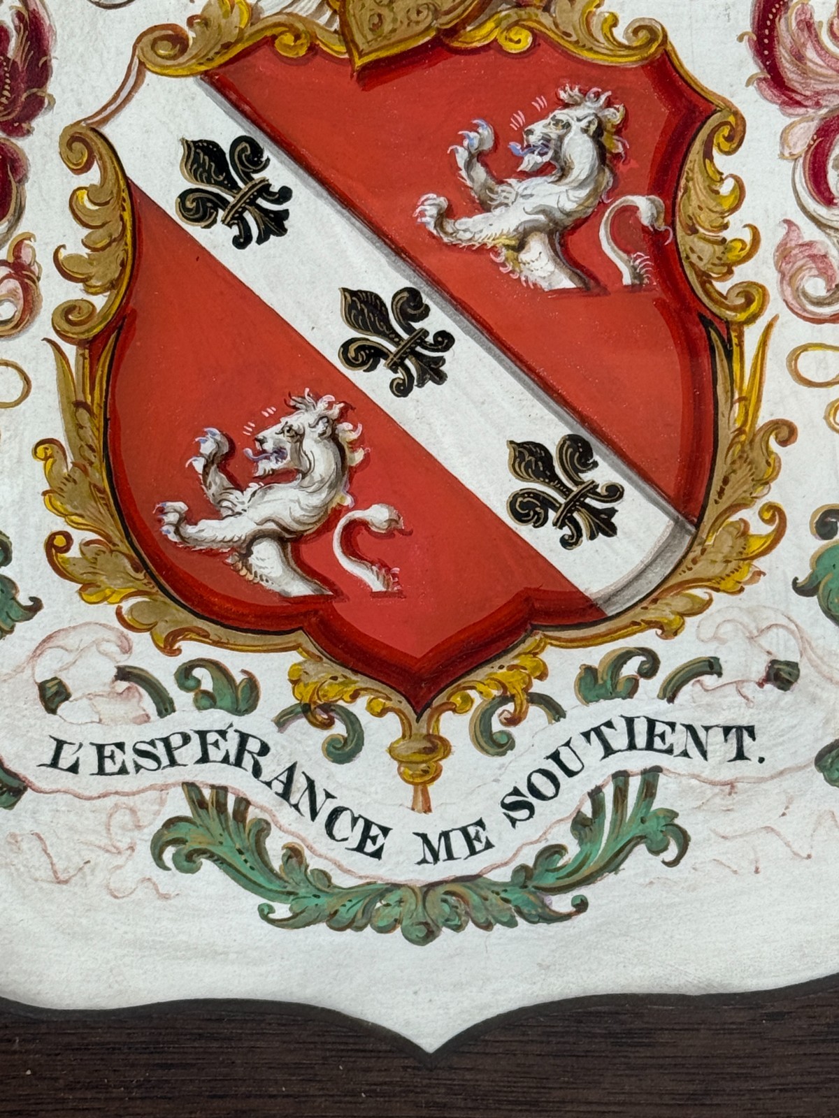 Heraldic Shield Painting on Vellum, Motto “L’Espérance Me Soutient,” 19th C
