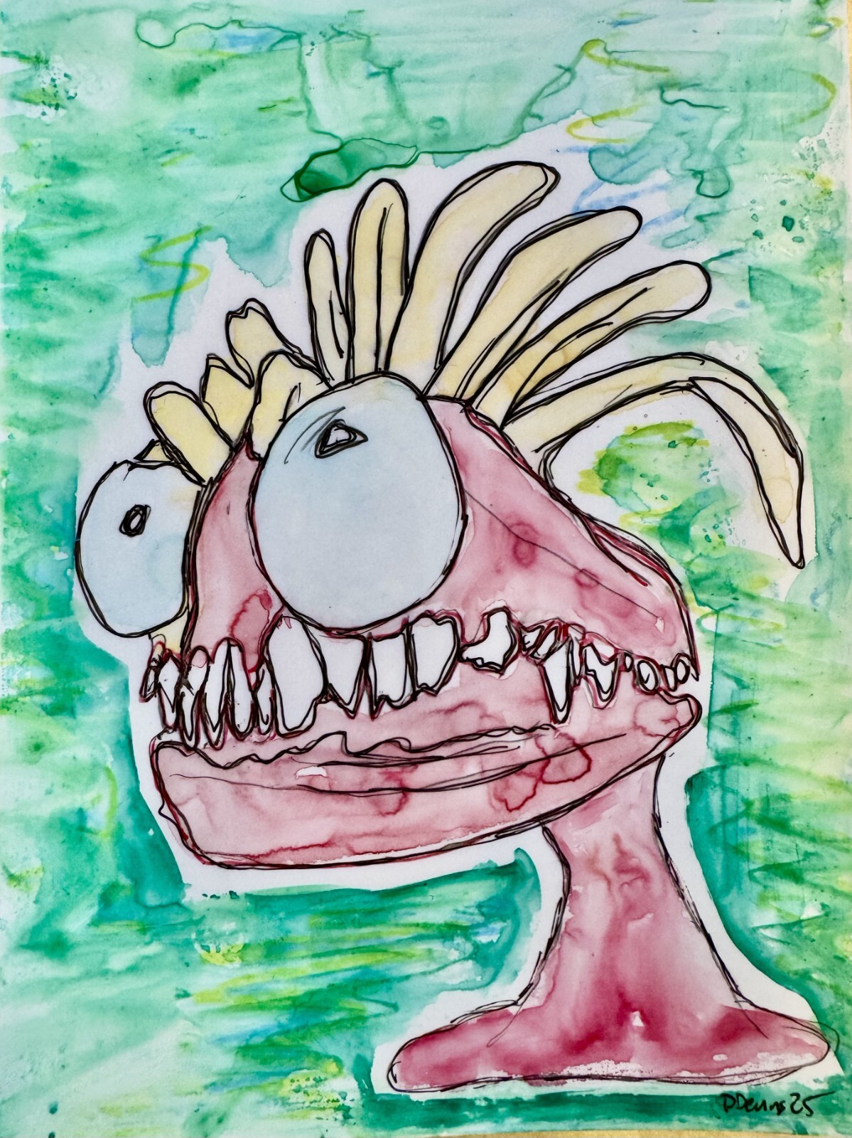 Small Watercolor/ ink painting cartoon original art MONSTER 5″ x 7″