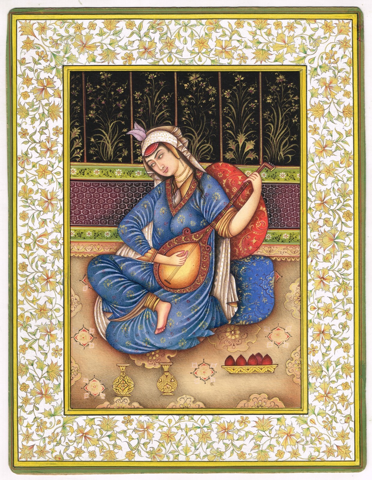 A Qajar Woman Playing Musical Instrument Persian Painting On Paper 9.5×12 Inches