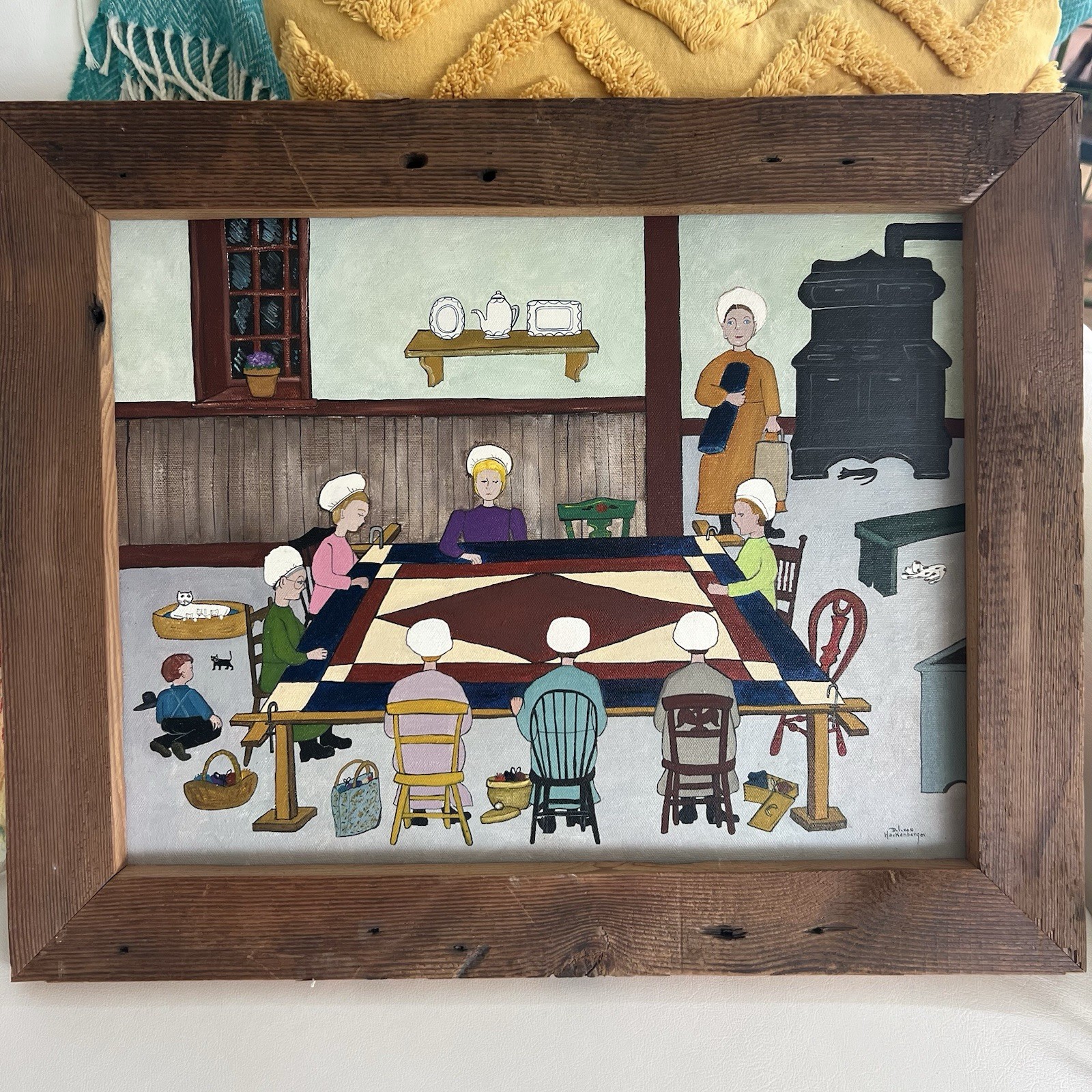 Dolores Hackenberger Oil on Canvas Amish Scene Barn Wood Frame 18” X 22” Quilt