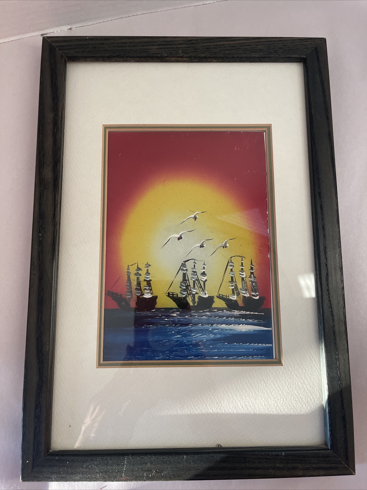 Tall Ship Painting Sunset Sailing Nautical Framed Original Oil 13×9” Vintage