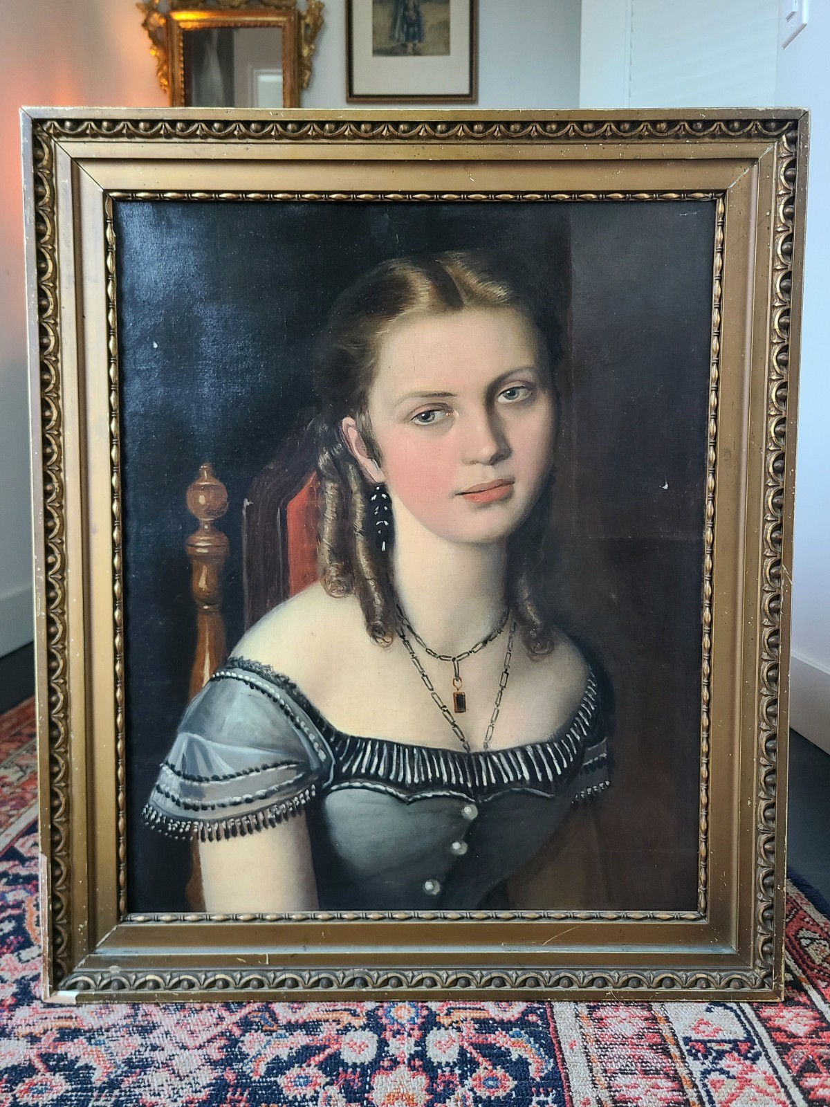 Antique 19th Century Oil Painting Portrait of a Victorian Gothic Young Lady