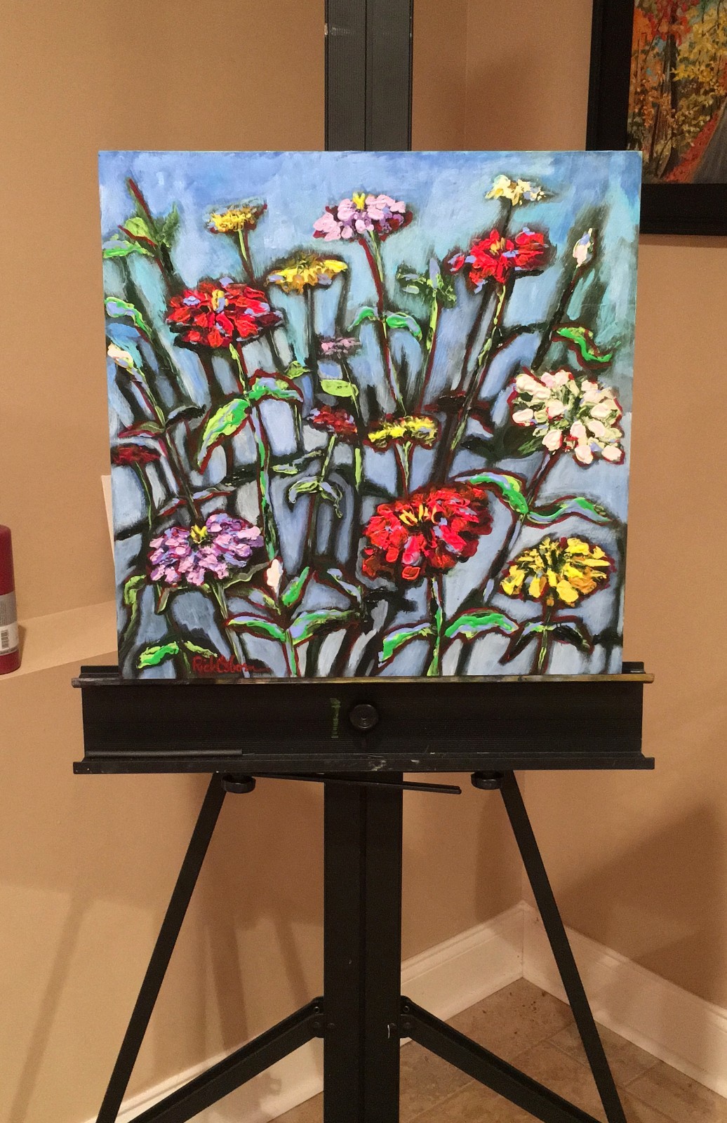 «Zinnias – Let Freedom Spring» – Original 18×18 Acrylic Painting by Rick Osborn