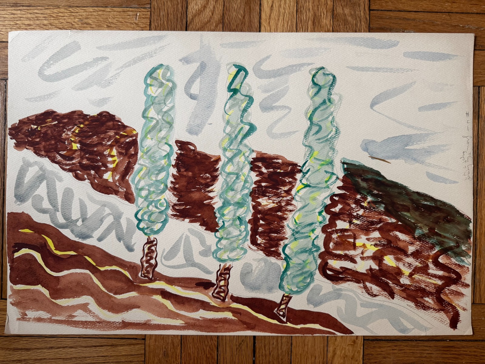 French 1940s Watercolor Gouache Painting Landscape Trees 1947 12 x 19