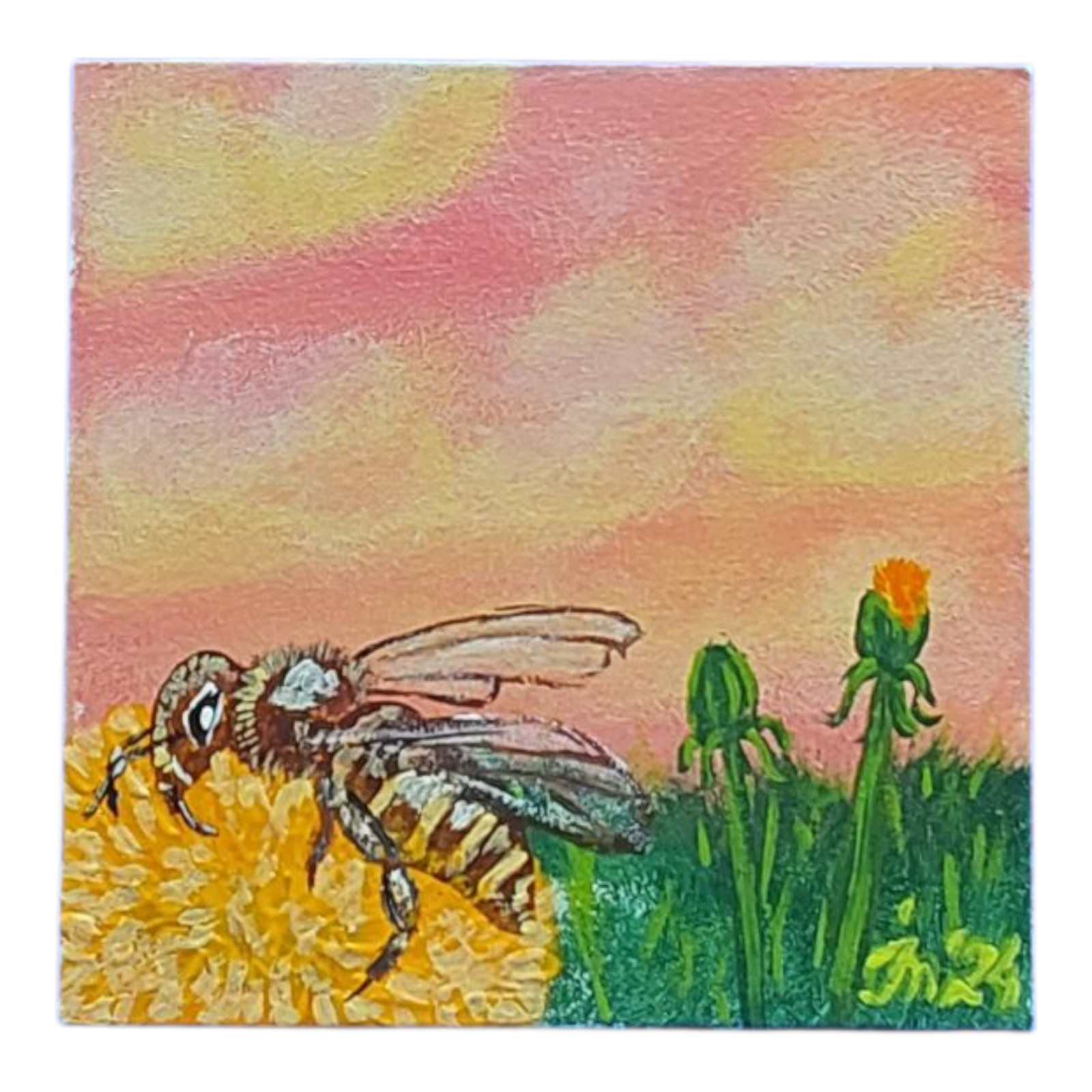 Dandelions Honey Bees Wildflowers Original Painting Bumblebee Handmade Wall Art