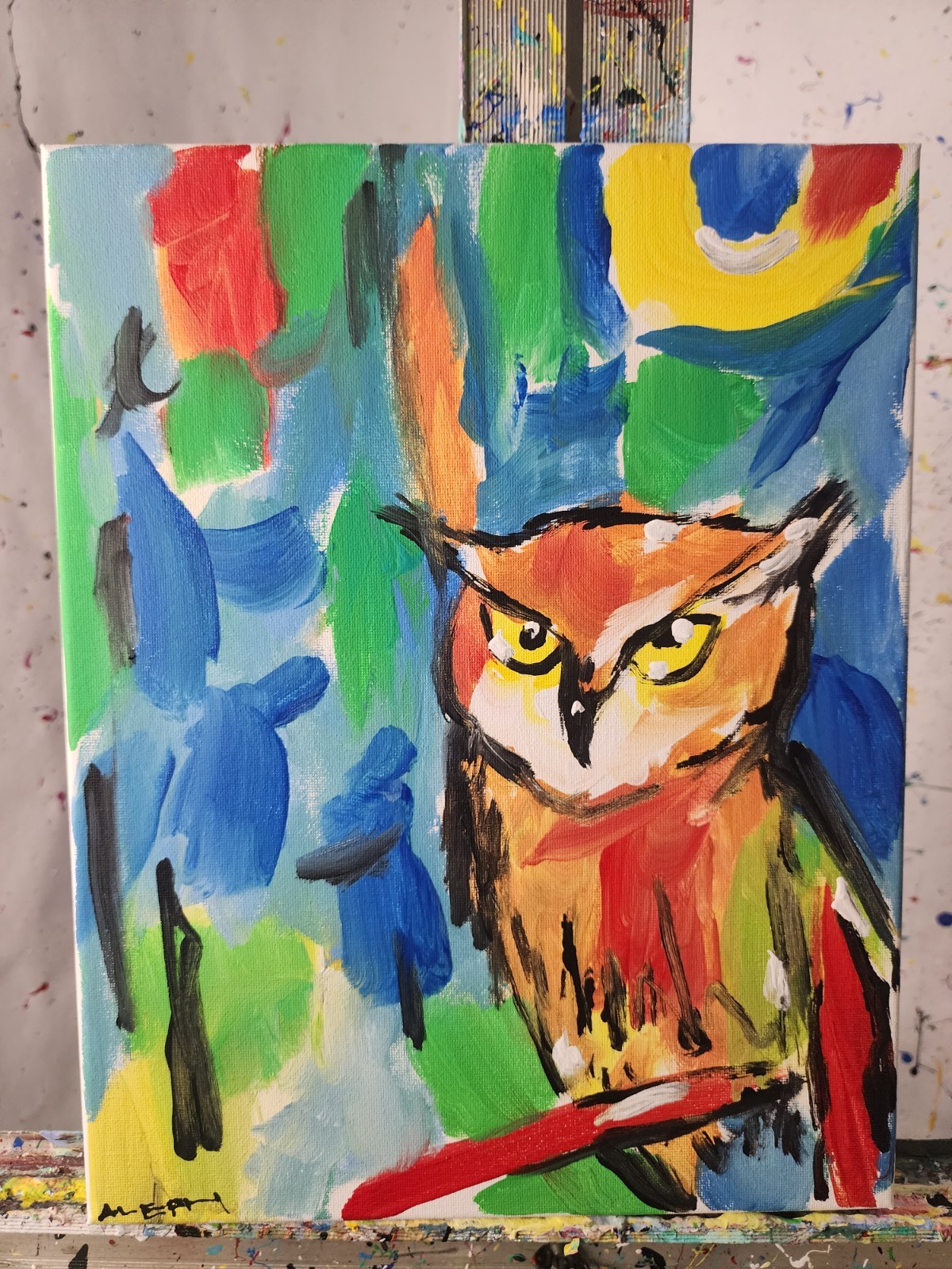 Original Owl Painting Abstract Expressionist Canvas 14×11 Bird of Prey Wall Art