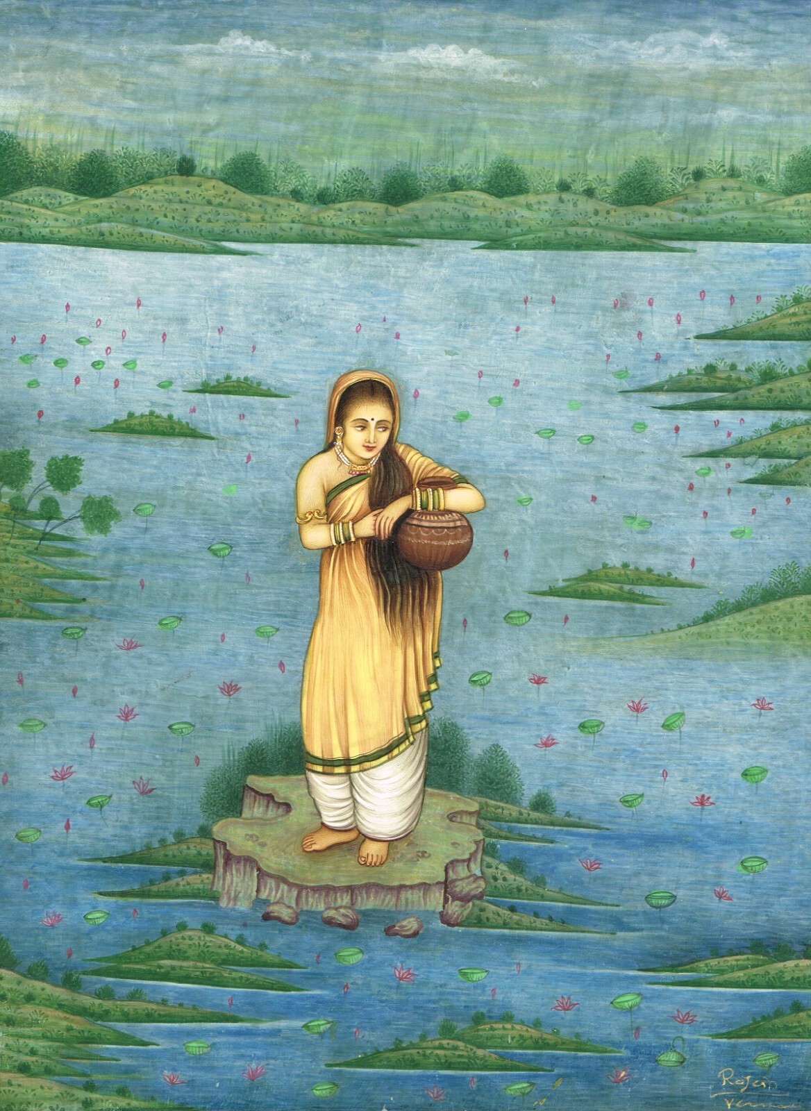 Handmade Lady Painting Of A Woman In Lotus River Art On Paper 10.5×13.5 Inches