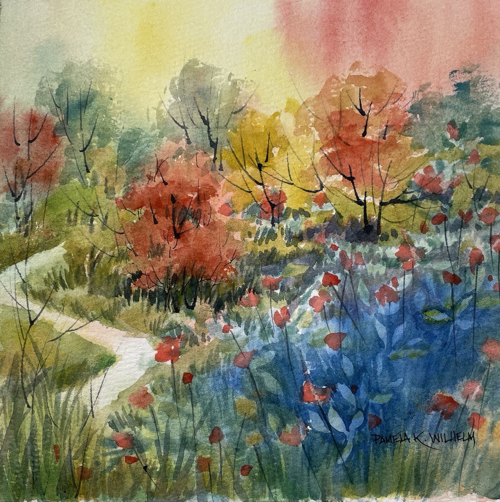 Pamela Wilhelm original Watercolor 7×7” Red Yellow Green Blue Hillside Garden