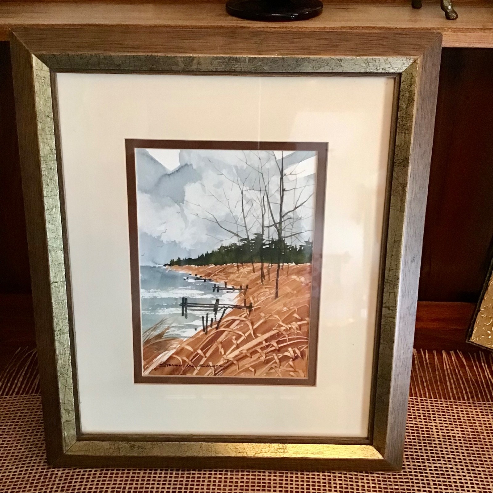 Steven W Schultz Watercolor Painting OOAK Original Framed Lake Waterfront Docks