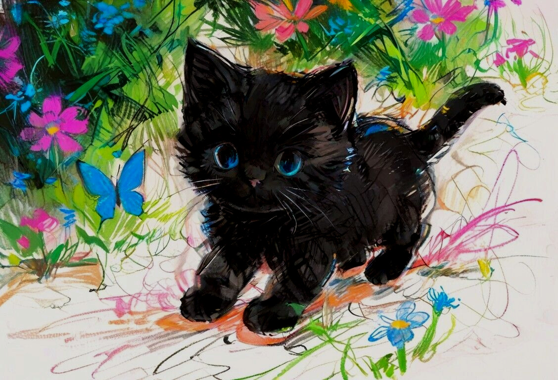 ACEO Mini *Art Print* Black Cat Baby Kitten Blue Butterfly Pink Flowers Saulite