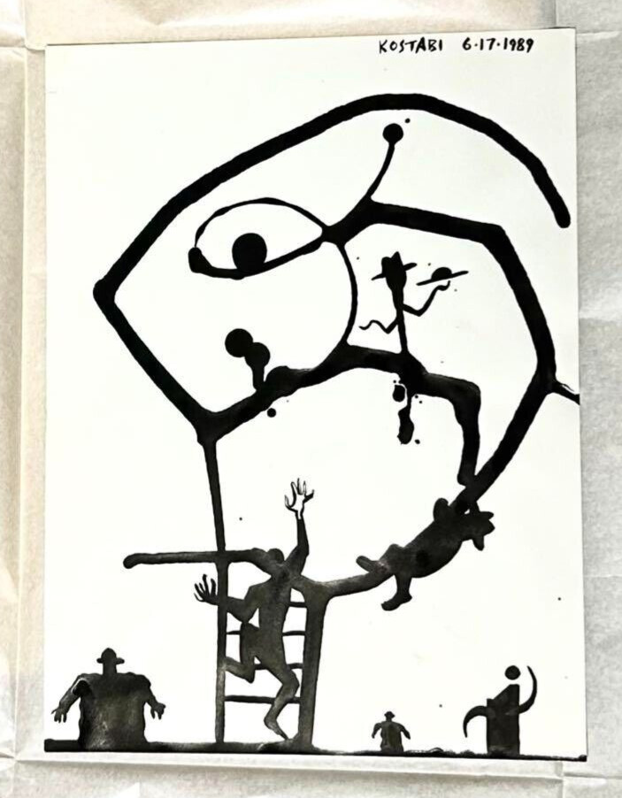 Mark Kostabi 1989 Original Painting Drawing Black Ink on paper Signed WORLD
