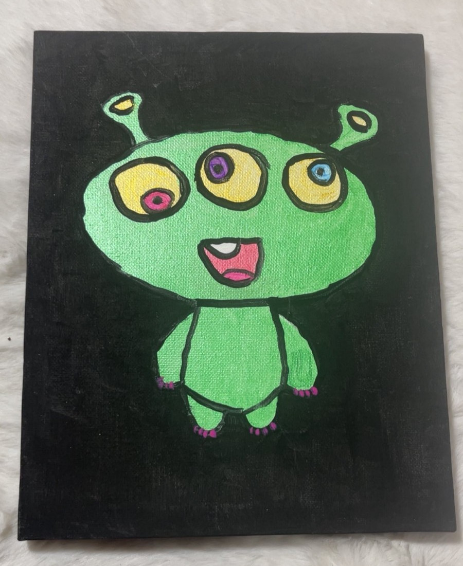 Custom Hand Painted Green Alien Painting on Canvas