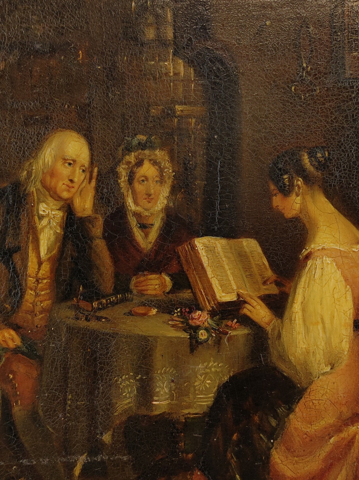 ANTIQUE 19TH C. INTERIOR GENRE SCHOOL OIL PAINTING ON CANVAS, «SUNDAY EVENING».