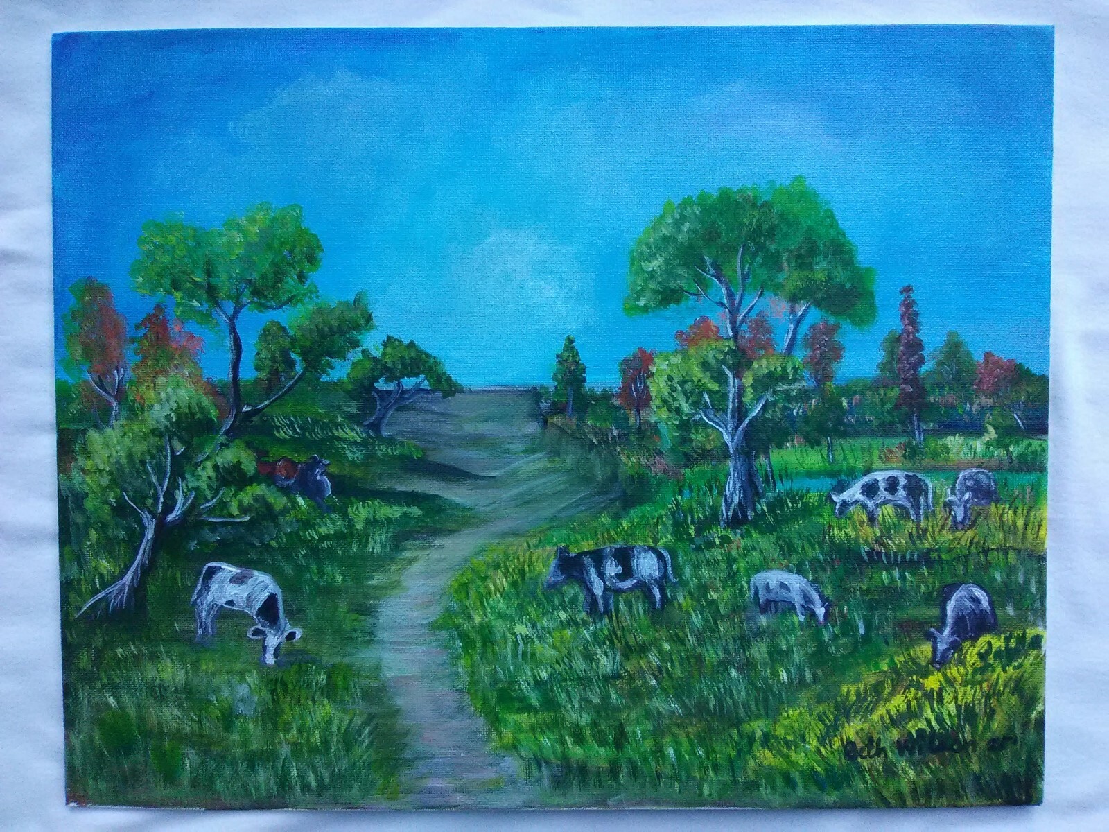 Original Hand Painting 11″x14″ Canvas Cows on the Field Farm Wall Art