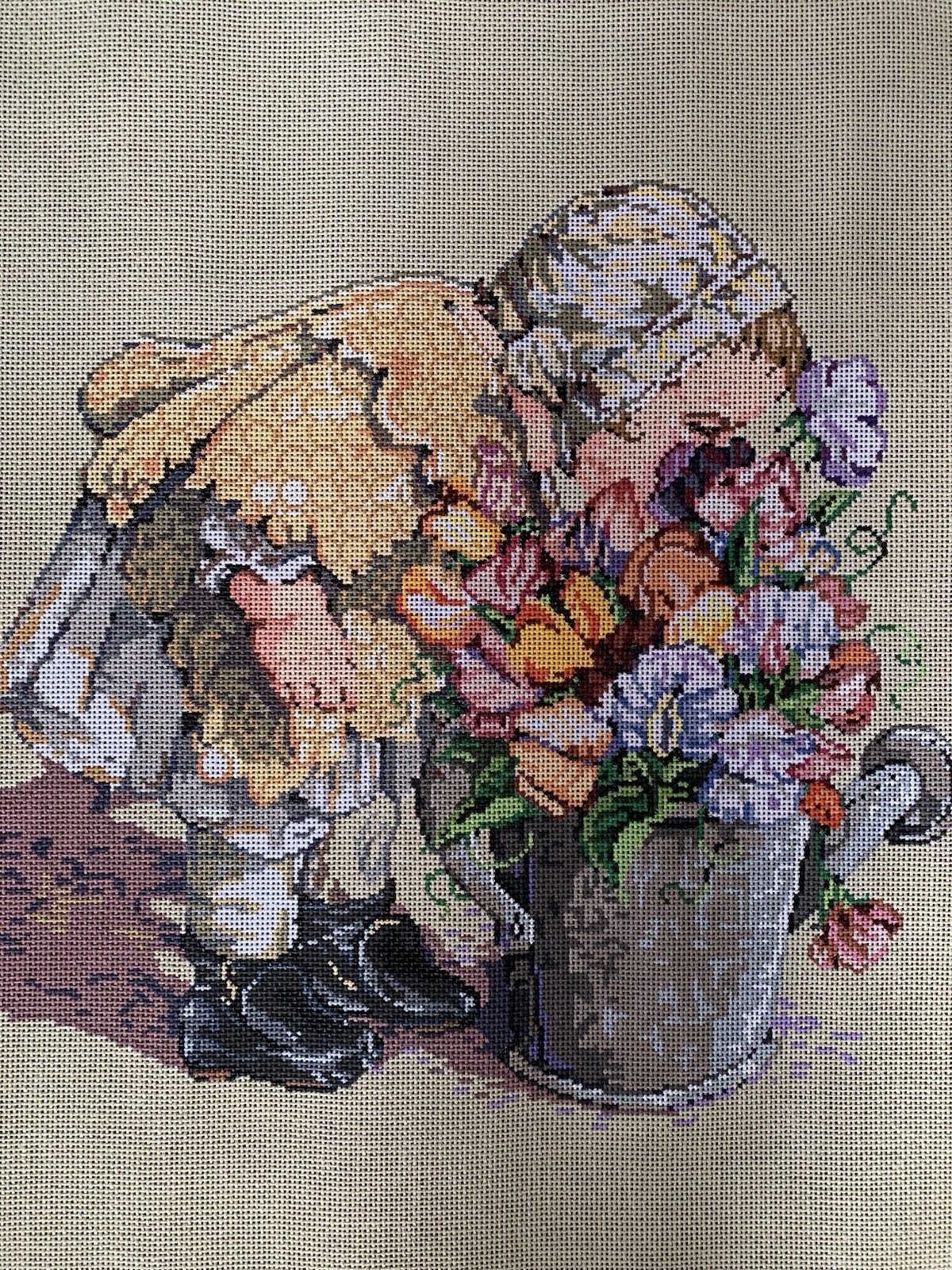 Vintage Alainn/Sandra Gilmore Hand-Painted Needlepoint ‘SWEETPEA ’ 18”x 18” 16