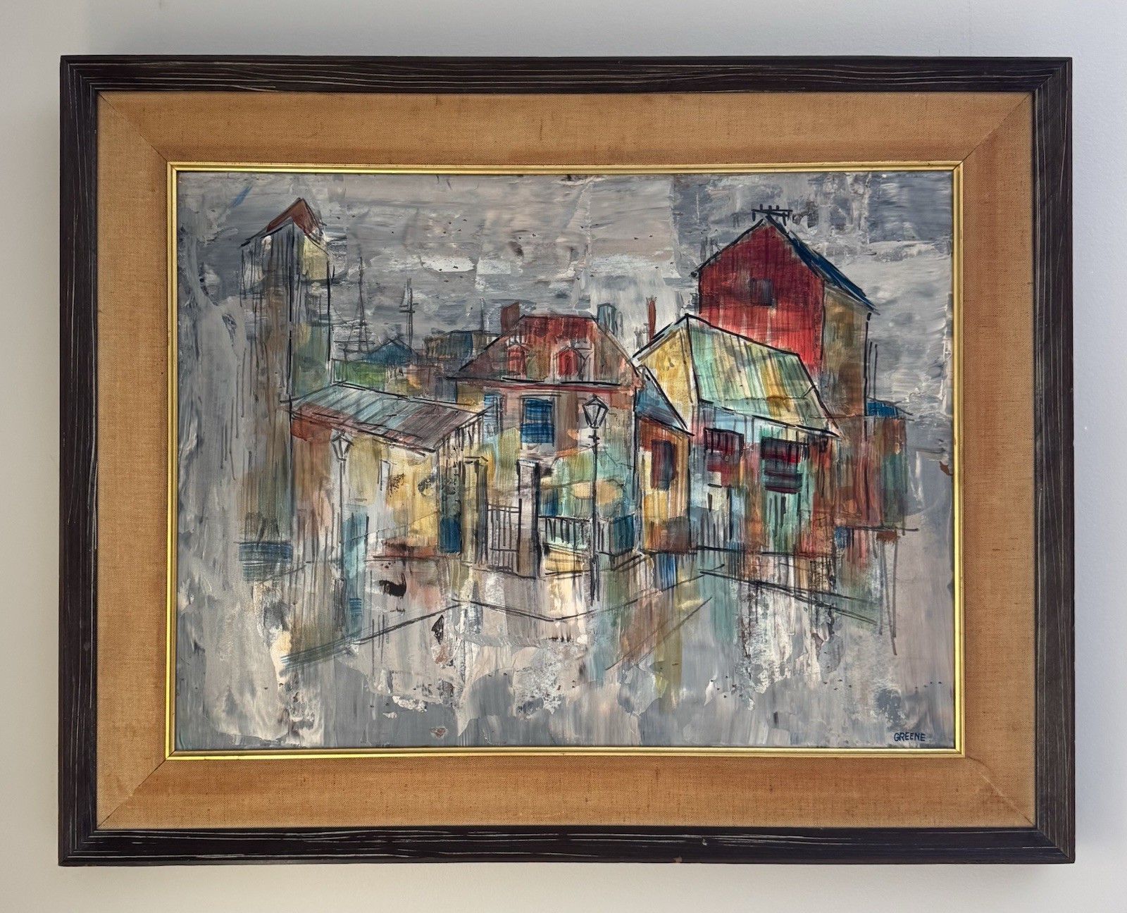 50-60s MCM Original Oil Painting Abstract Art Urban Landscape Signed 18×24