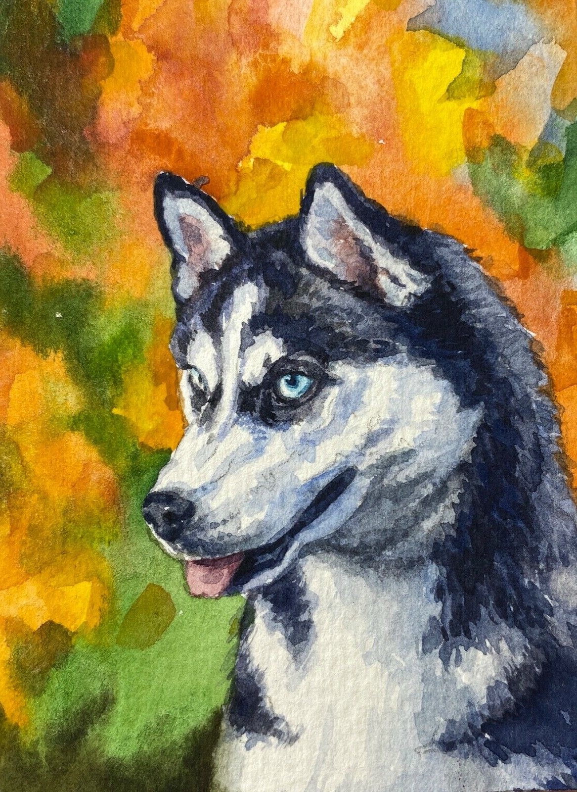 Watercolor Painting Dog Siberian Husky Autumn Park ACEO Art