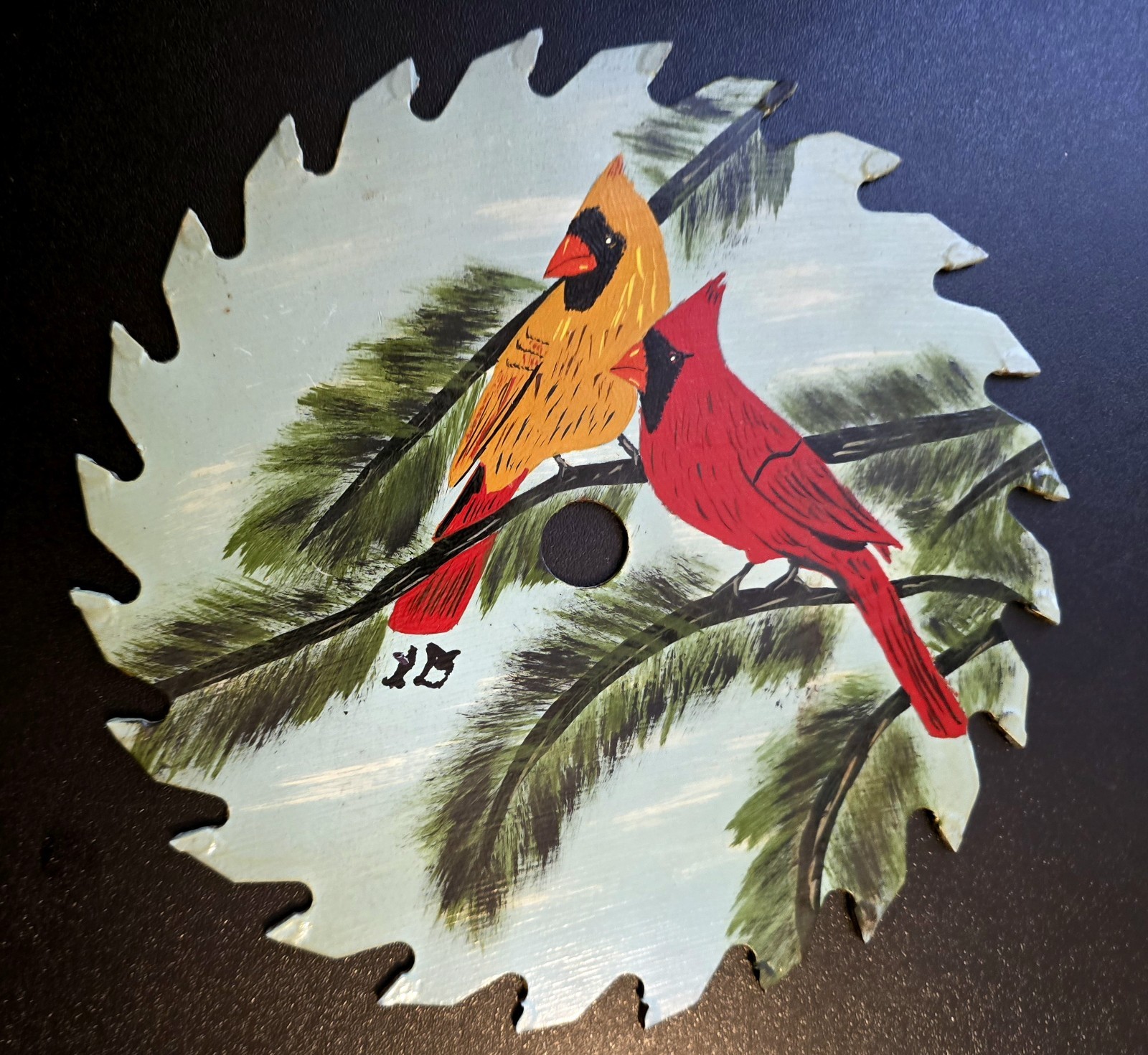 Vintage Hand Painted SIGNED LD Saw Blade 7″ Rare Yellow and Red Cardinals BIRDS