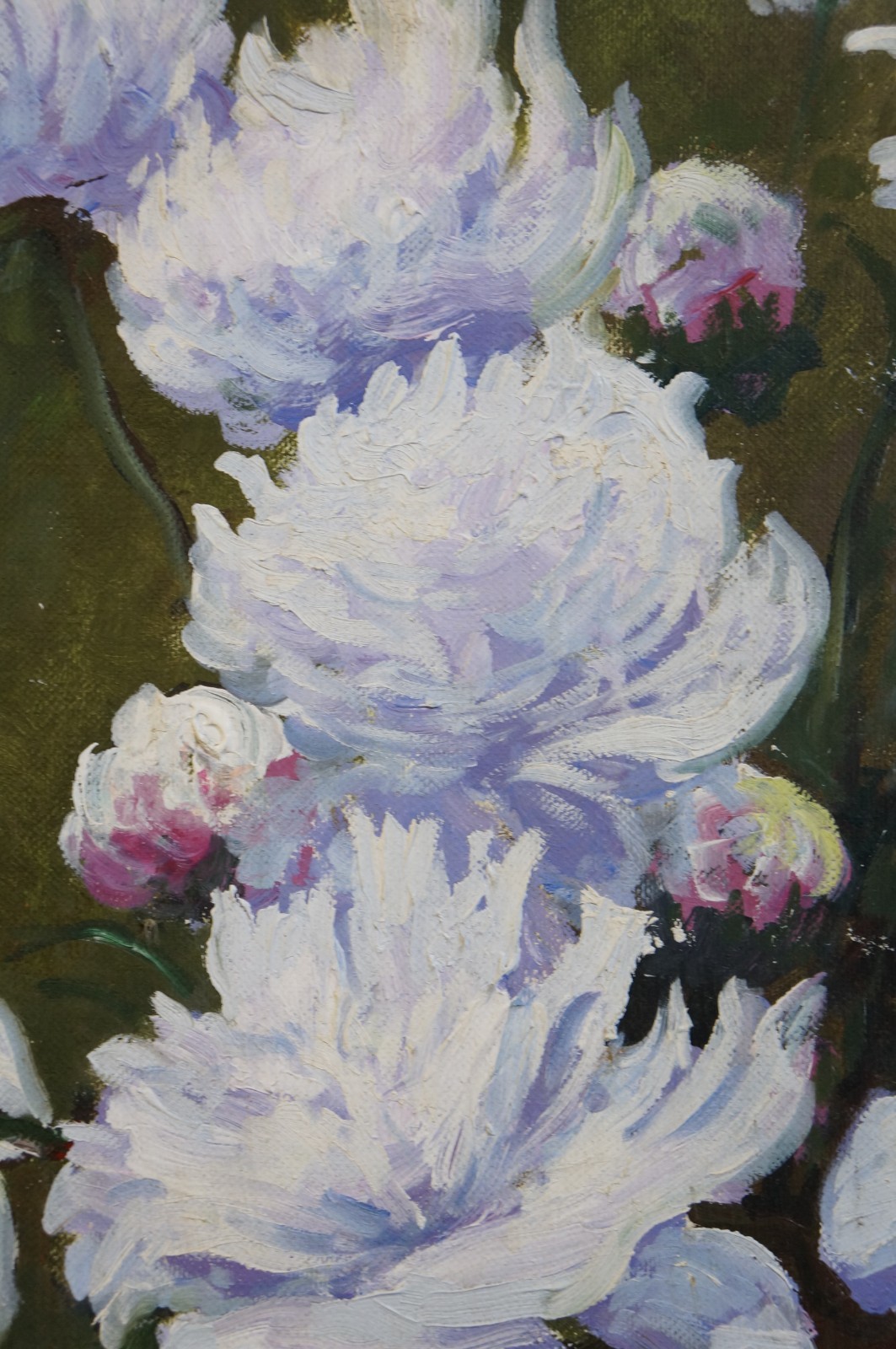 Bouquet of Purple Peony Flowers in a Glass Vase Still Life Oil Painting Canvas