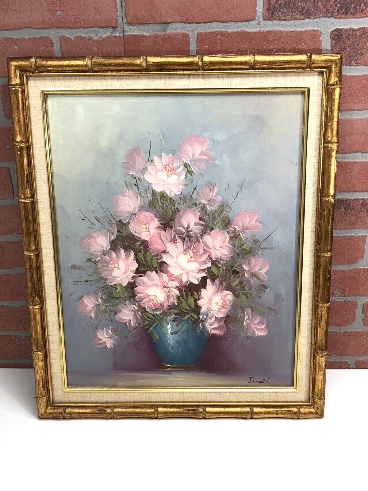 Original Painting Bouquet Pink Flowers in Vase Artist Signed Oil Acrylic Donald