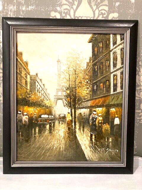 VTG R.Young Original Oil on Canvas Painting Eiffel Tower Paris Street 20″x24″