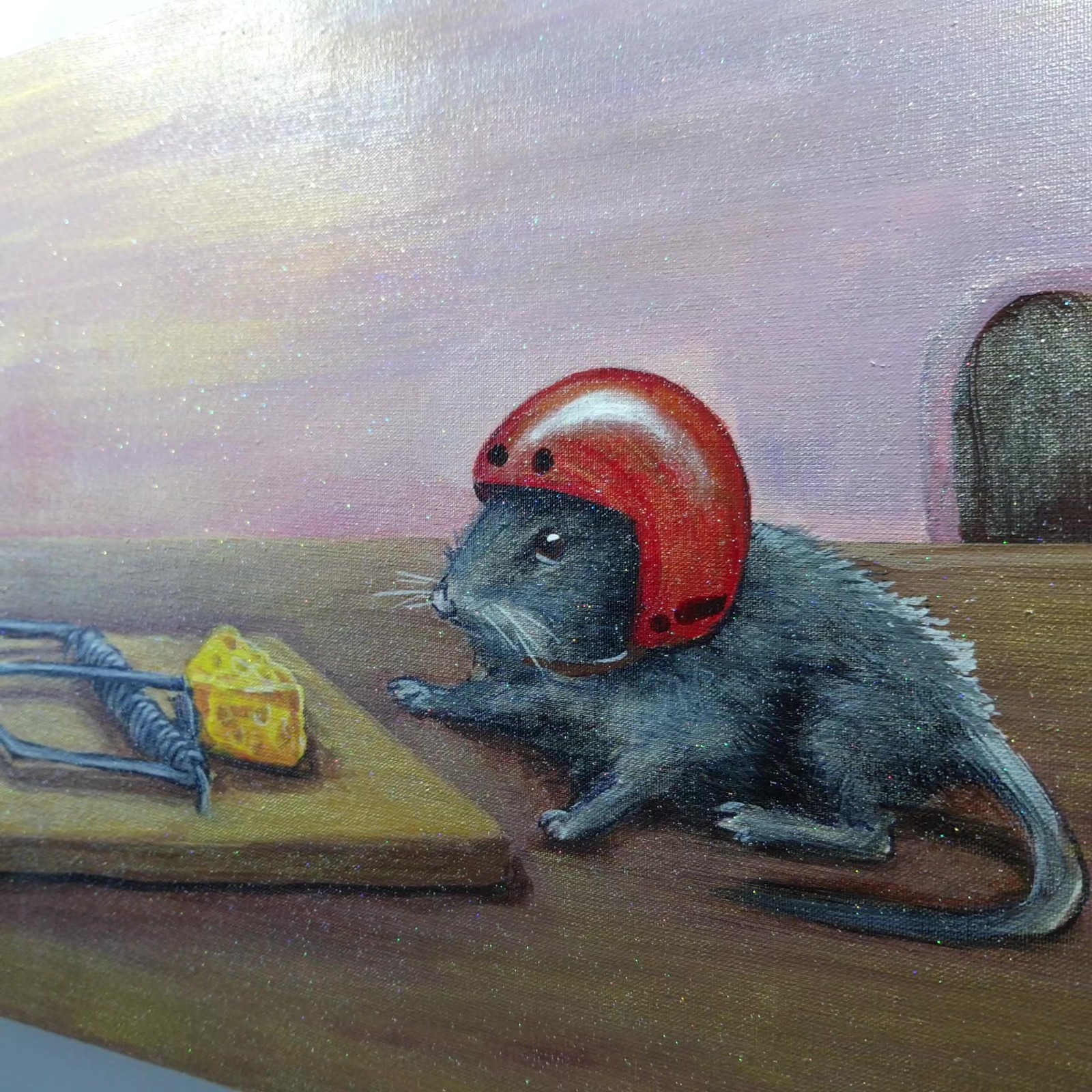 Original Acrylic Painting Thinking Mouse Red Helmet Cheese Trap Canvas Wall Art