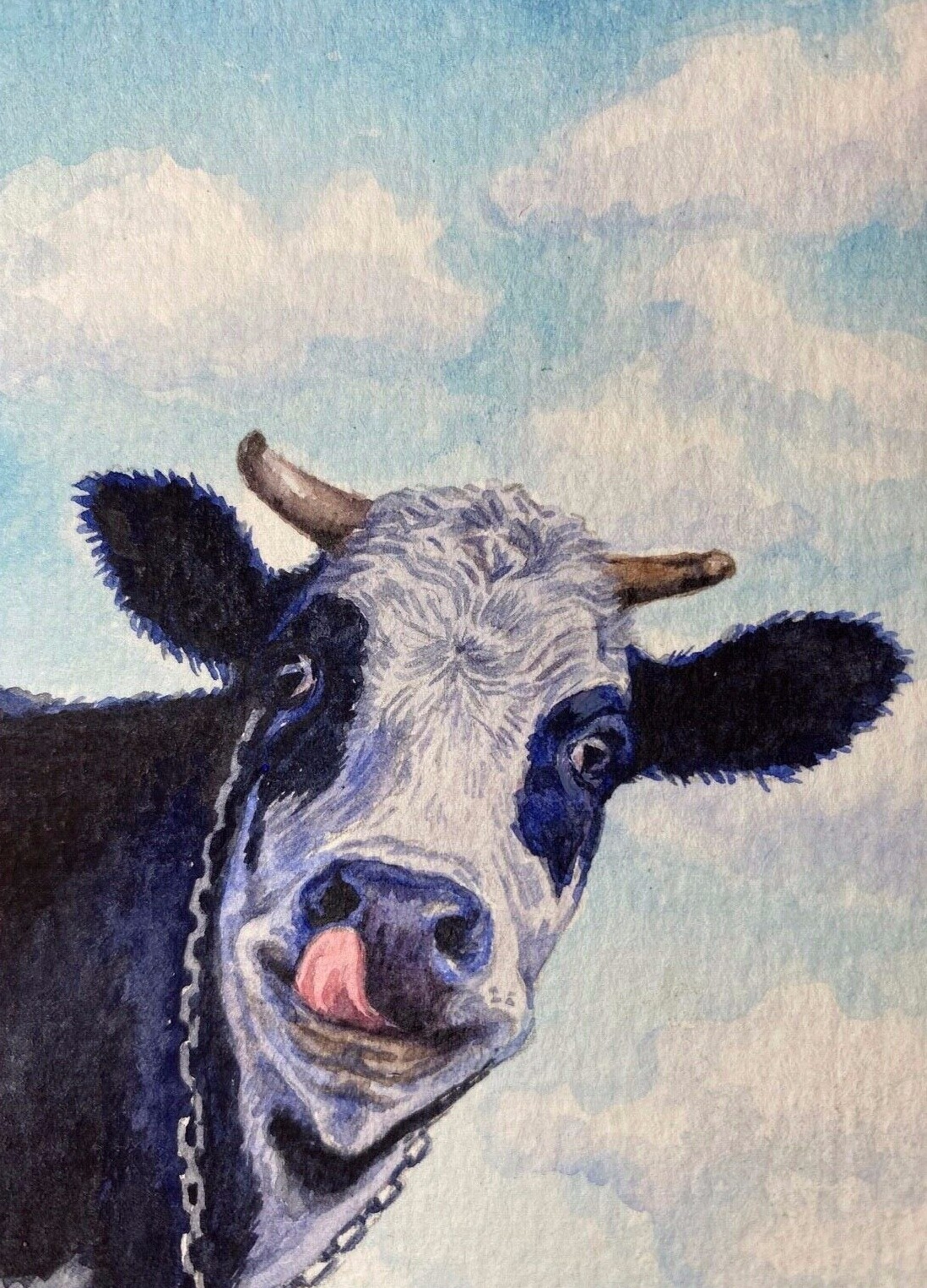 Watercolor Painting Cow Face Farm Animals Country ACEO Art
